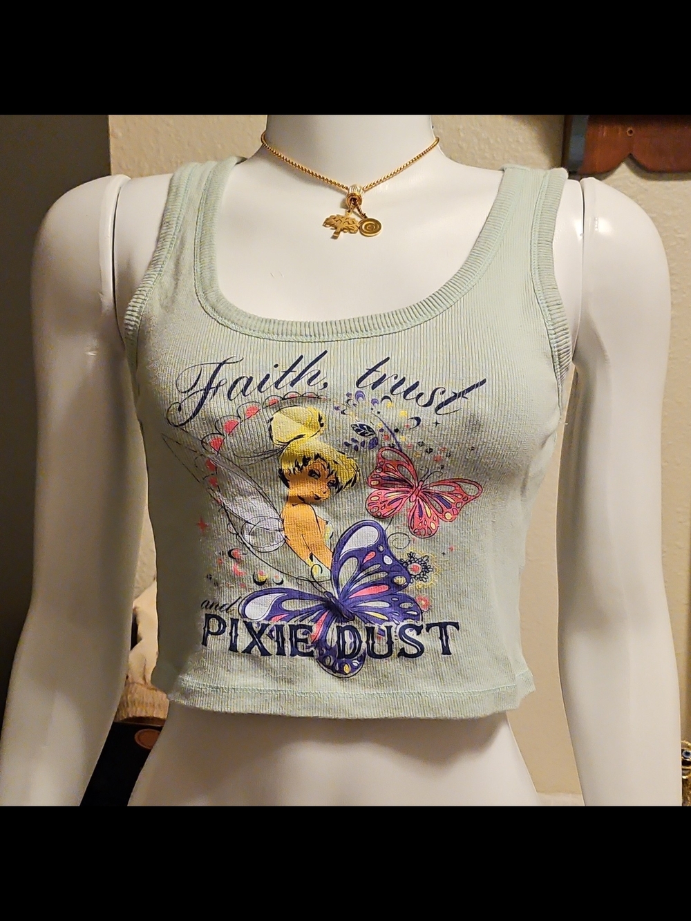 Disney Light Green Tinker Bell Pixie Dust Graphic Crop Tank
